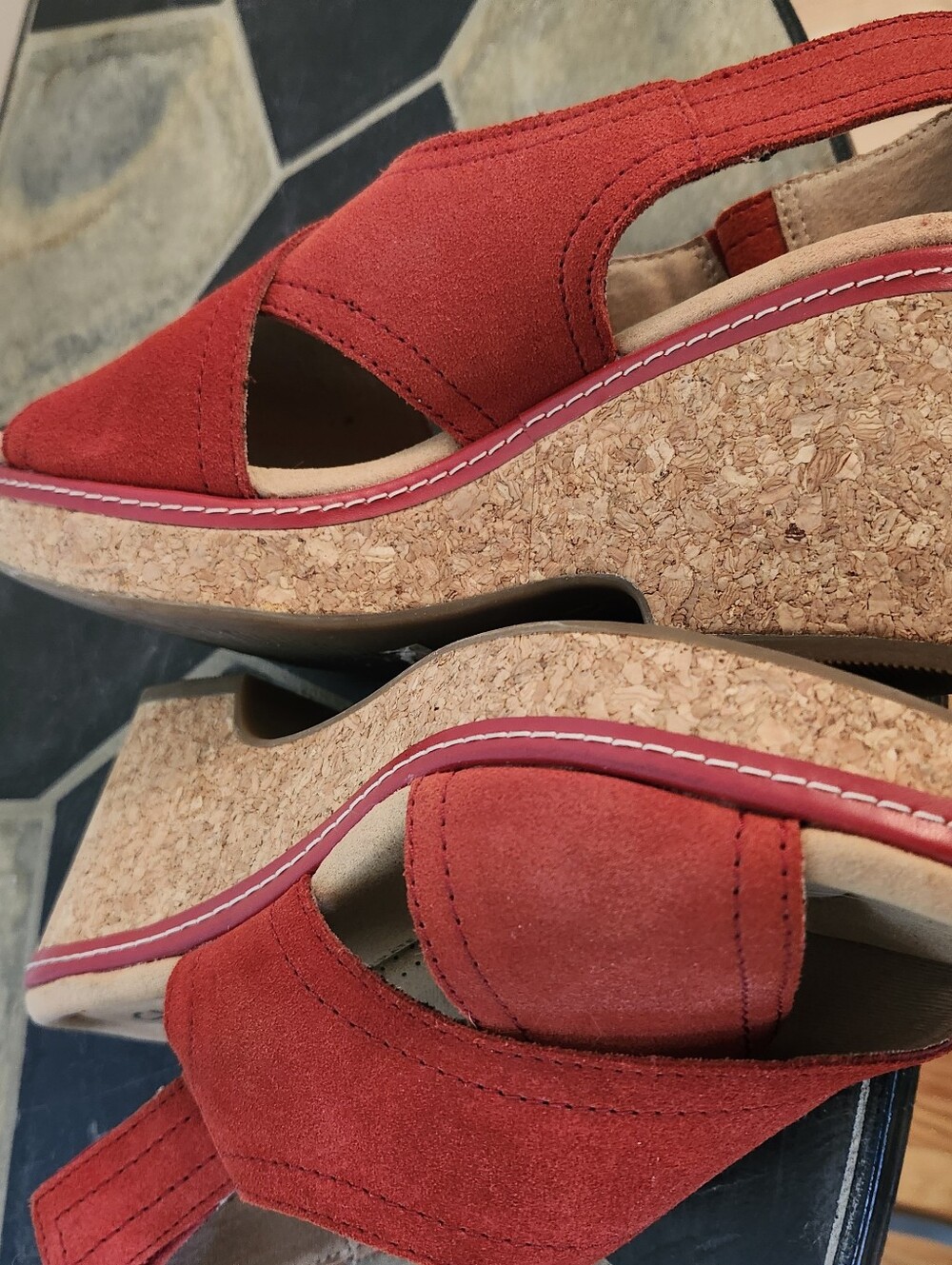Clarks Red Suede Crossover Wedge Sandals - Picture 3 of 4